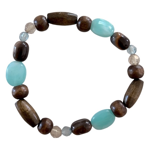 Turquoise Stone and Brown Wooden Beaded Stretch Bracelet - Picture 1 of 5